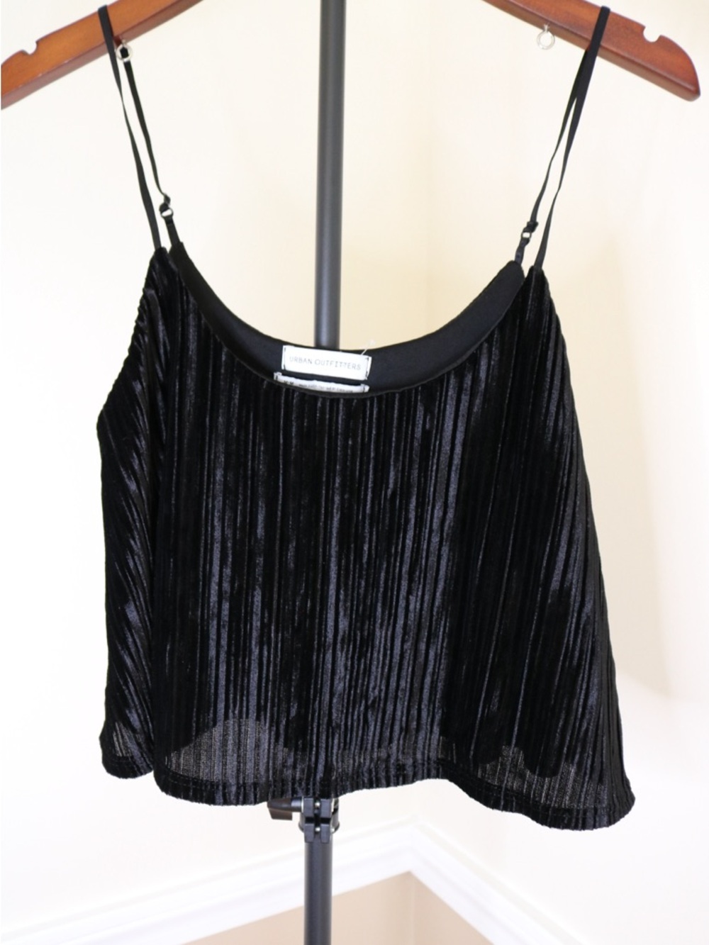 Urban Outfitters Black Velvet Pleated Cami Crop Top Adjustable Straps